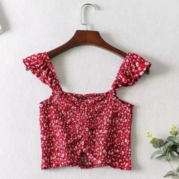 ×2 Red Floral Cotton Midi Skirt and Flutter Sleeve Top Set - Picture 4 of 13